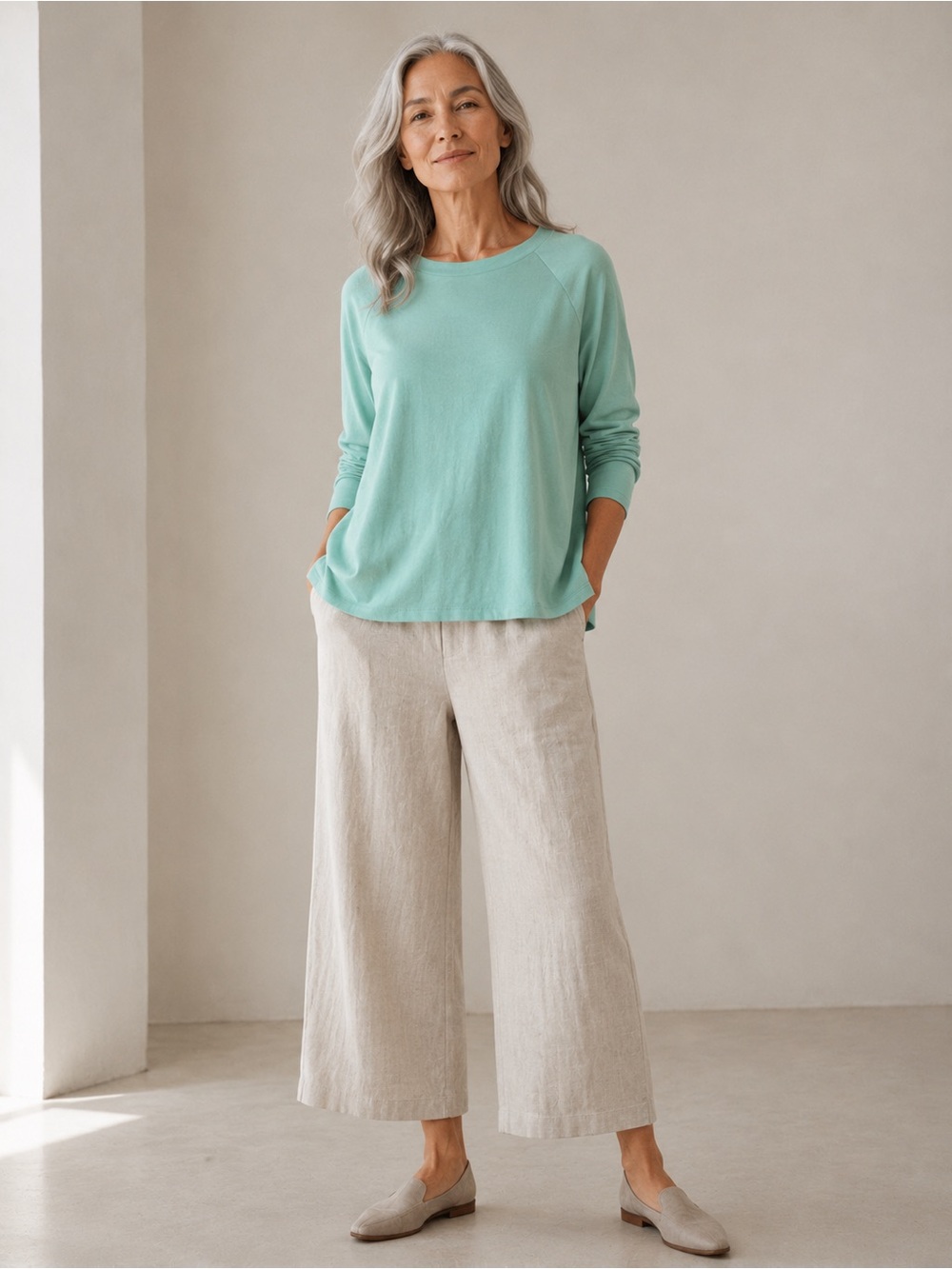 Eileen Fisher Stretch Jersey Knit Crew Neck Long Top Seafoam Size Small Petite